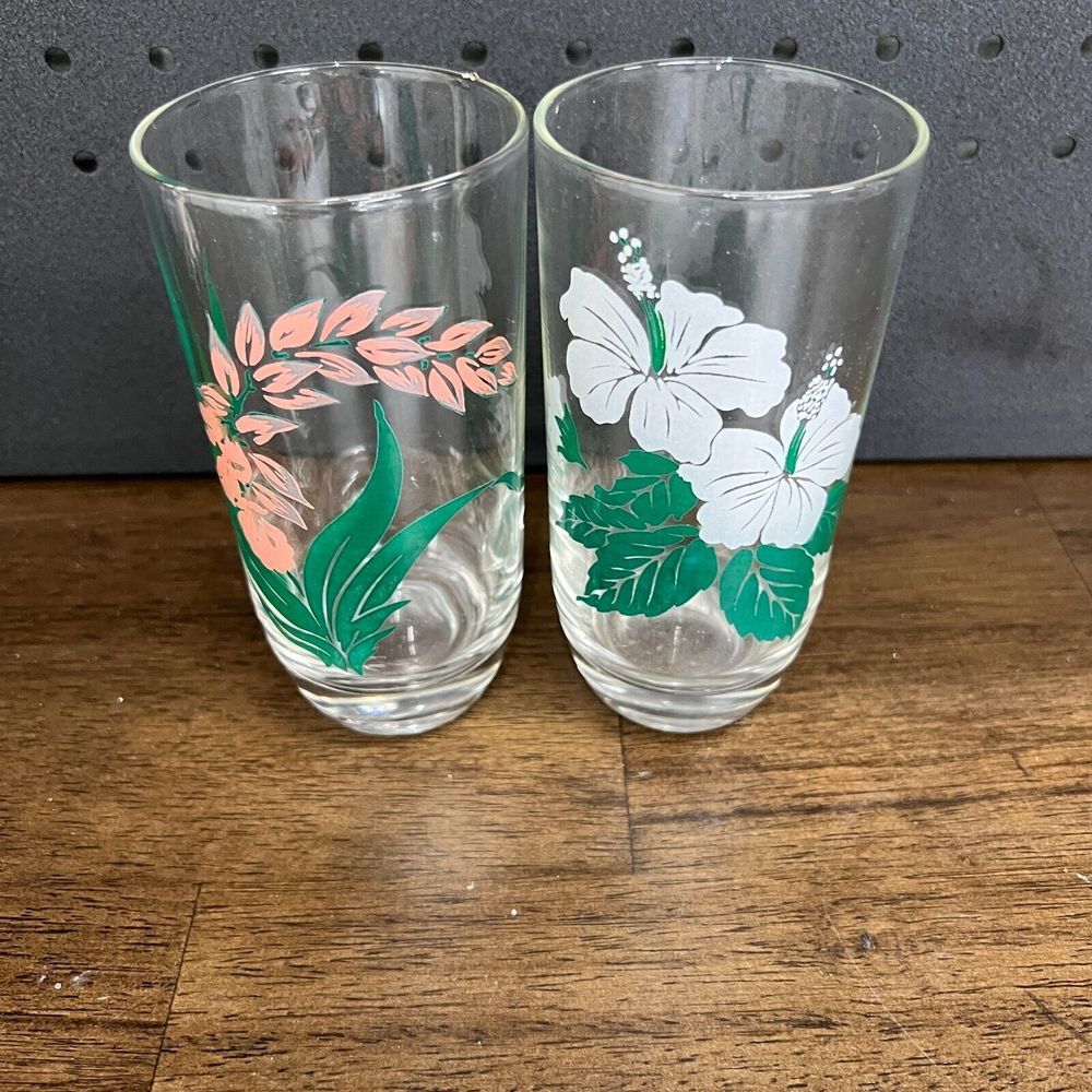 Vintage Glass Hand Painted Pink Floral Glass Set of 2 pink‎ hibiscus ginger